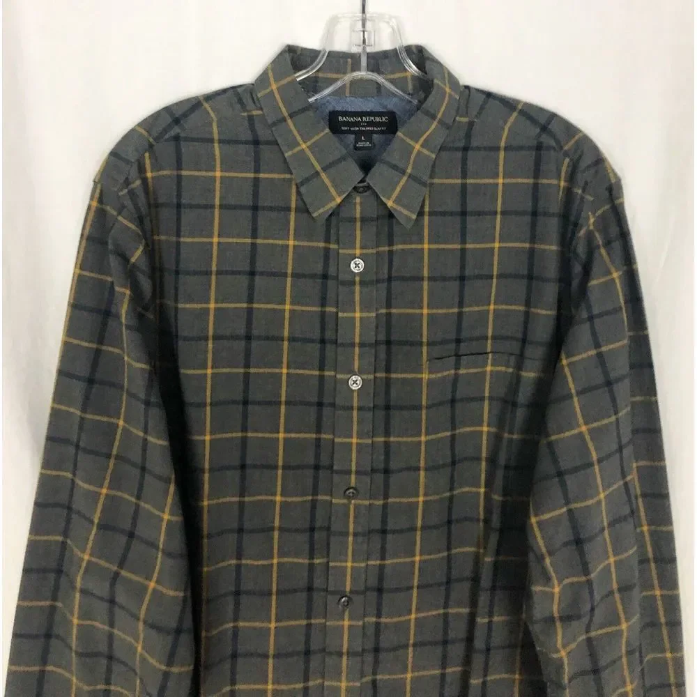 Banana Republic Soft Wash Tailored Slim Fit Shirt Size L Mens‎ Gray Plaid Cotton